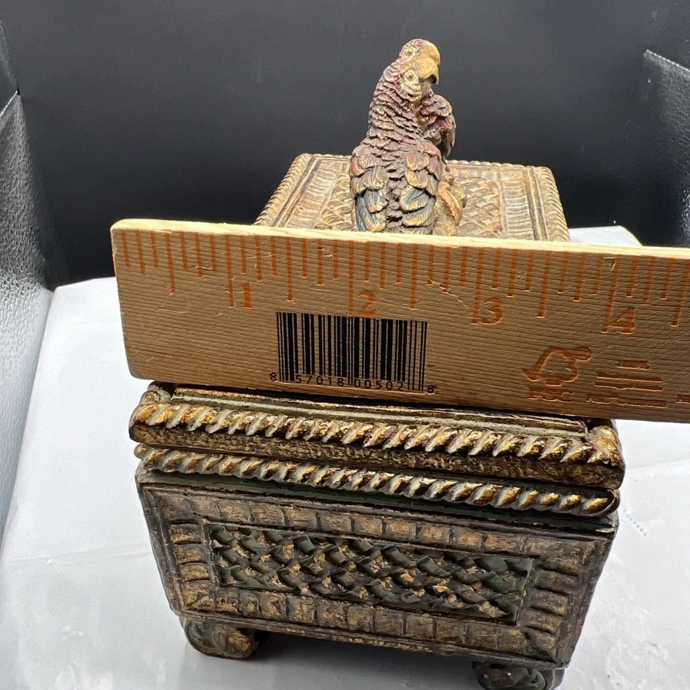 Vintage Parrot Jewelry Box Heavy Resin Footed Trinket Chest Gold Verdigris